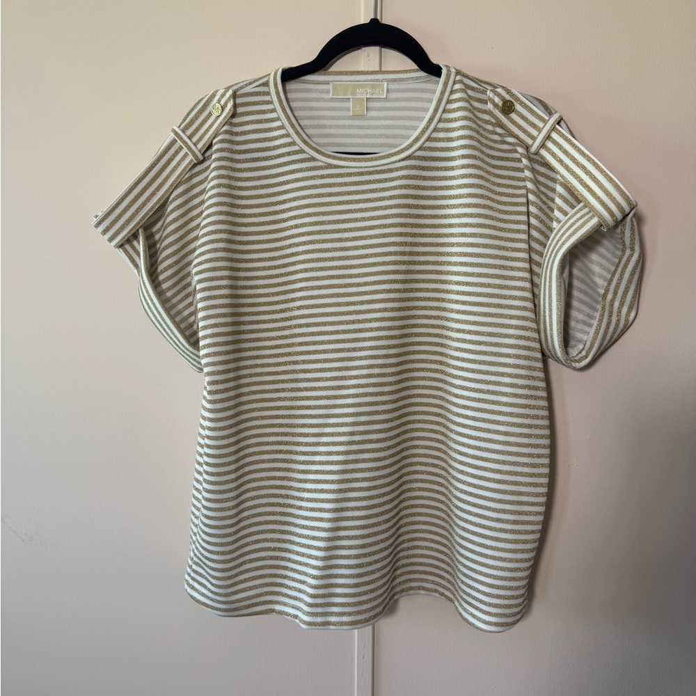 Michael Kors Beige and White Striped Short Sleeve Top